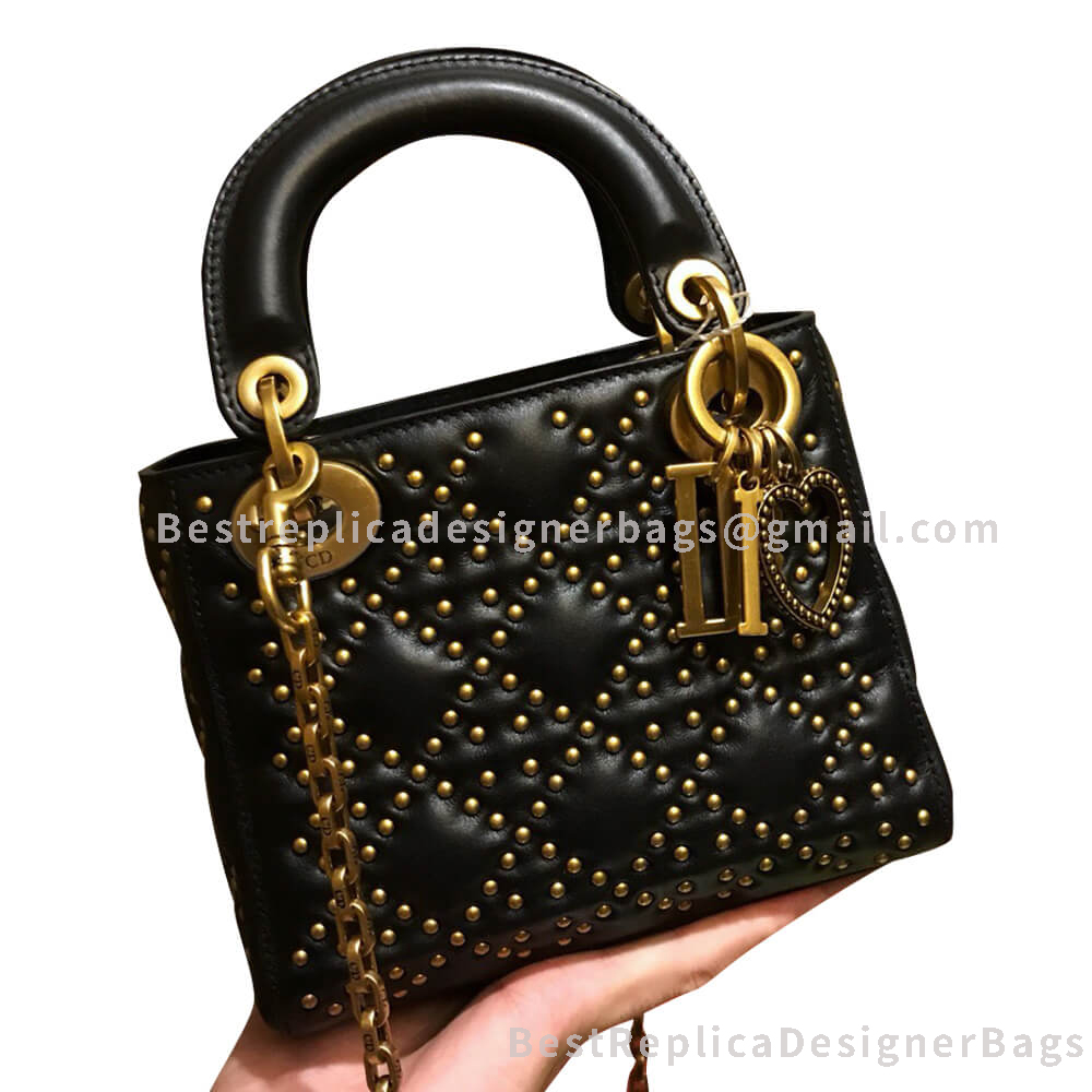 Dior Mini Lady Dior Lambskin Studded Bag Black GHW